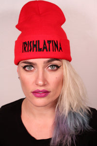 "IRISHLATINA" Embroidered Beanie, Red